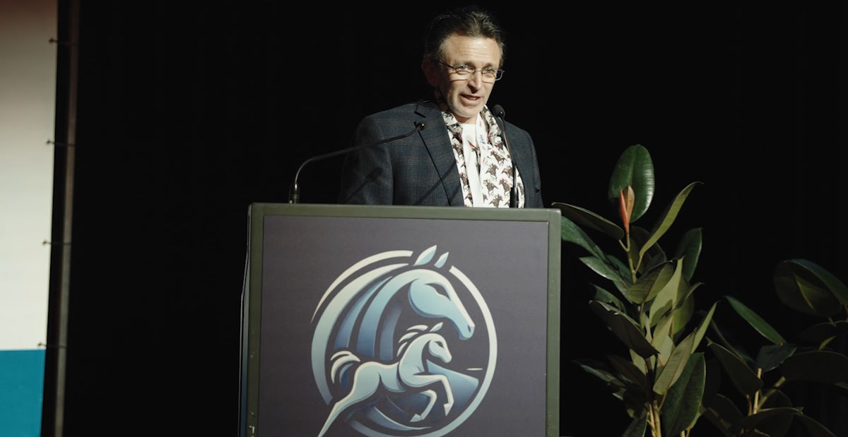 A male speaker presenting a lecture behind a podium with the ESER logo.
